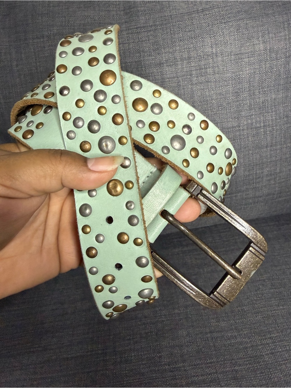 Free People Mint Studded Leather Belt with Mixed Metal Accents